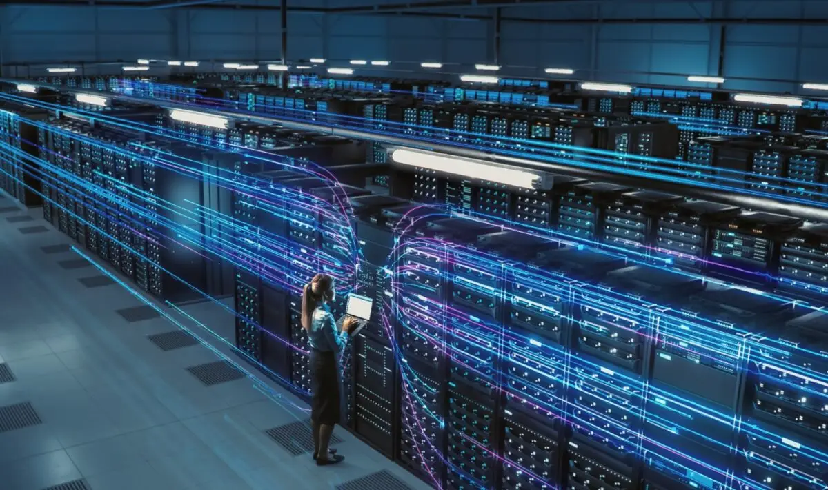 Data Centre essential installation workers. Building the control panels and equipping for AI.