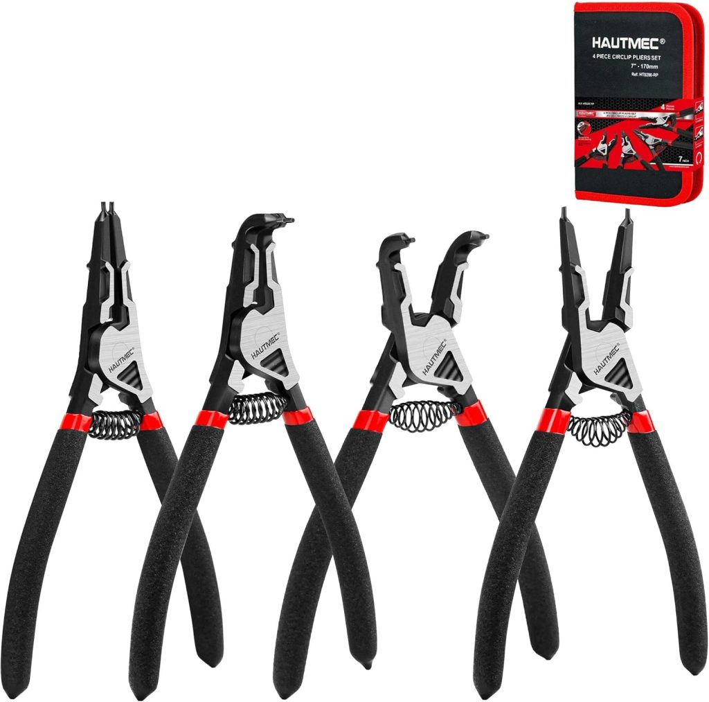 HAUTMEC 4PCS High Leverage Snap Ring Pliers Set, 7 inches Internal/External Circlip Pliers, Heavy Duty Snap Ring Pliers, C Clip Pliers with Spring Loaded