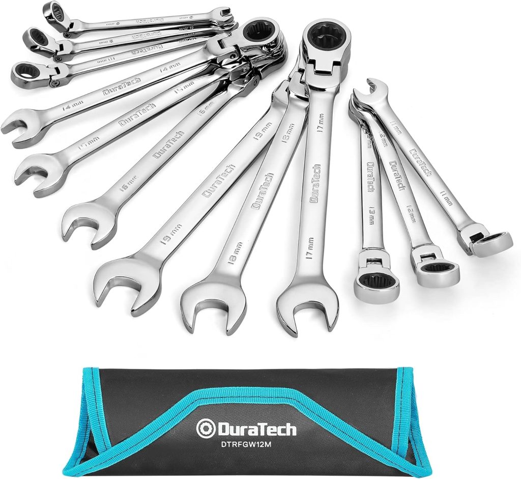 DURATECH 12-Piece Flex-Head Ratchet Spanner Set 8-19mm, Combination Wrench Set with 72 Tooth Ratchet Gear, Chrome Vanadium Steel, Metric