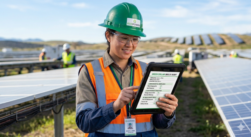 Lady in green hard hat using an Audit checklist to see if her skills are relevant to Green economy jobs.