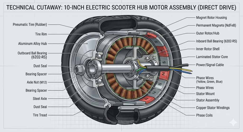 Cutaway drawing of an e-scooter hub.