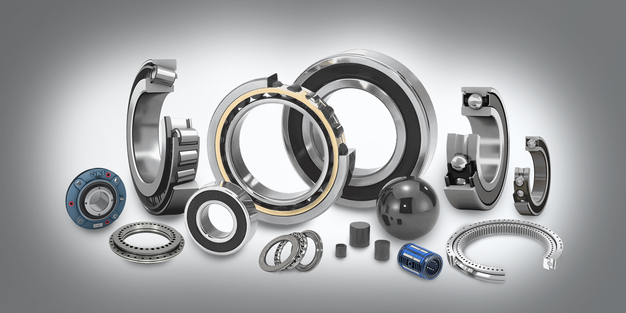 A collection of various SKF bearings as used generally in Automation with cutaway examples.