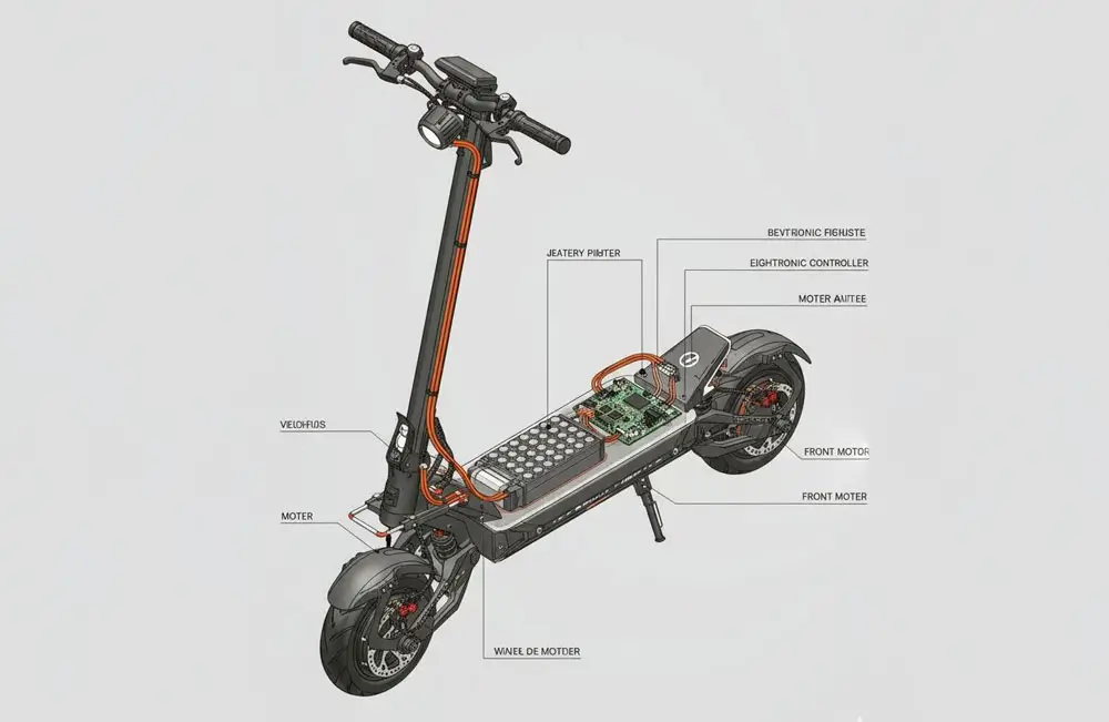 Structure and parts of a high speed e-scooter.
